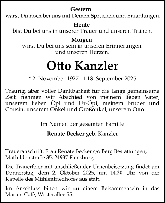 Traueranzeige von Otto Kanzler von Flensburger Tageblatt