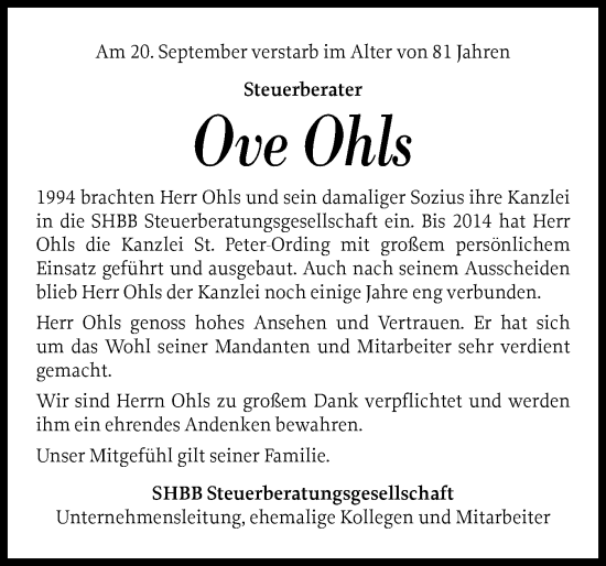 Traueranzeige von Ove Ohls von Husumer Nachrichten, Nordfriesland Tageblatt
