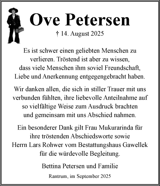 Traueranzeige von Ove Petersen von Husumer Nachrichten, Nordfriesland Tageblatt