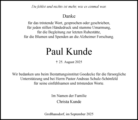 Traueranzeige von Paul Kunde von MARKT Ahrensburg/Bargteheide/Trittau und Stormarner Tageblatt