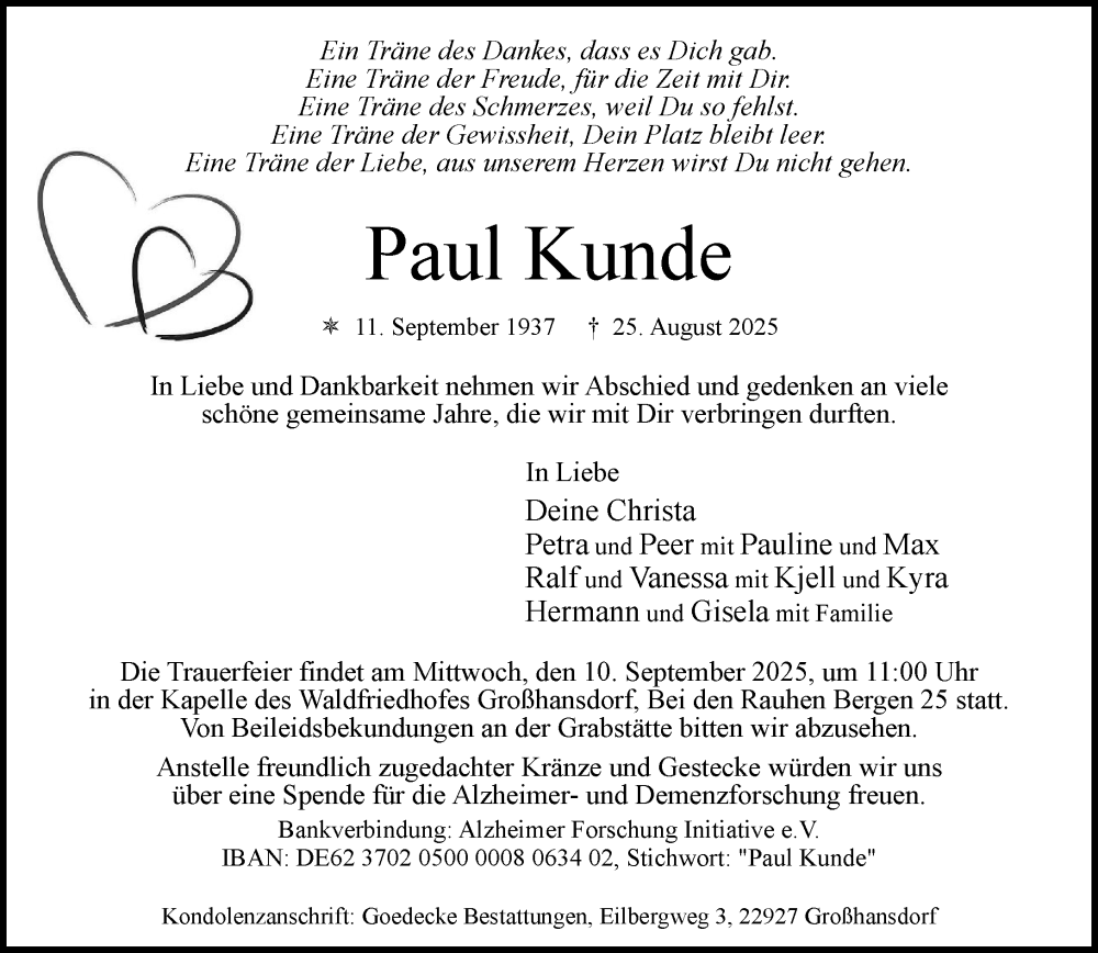  Traueranzeige für Paul Kunde vom 06.09.2025 aus MARKT Ahrensburg/Bargteheide/Trittau und Stormarner Tageblatt