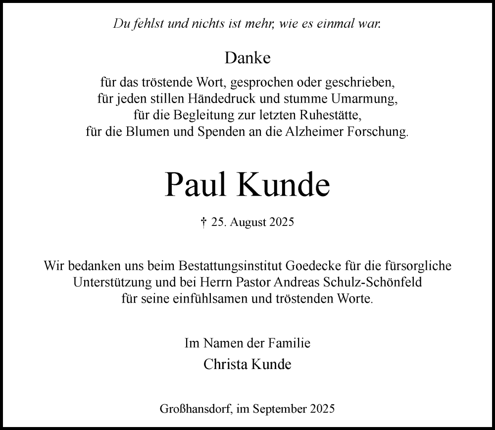  Traueranzeige für Paul Kunde vom 27.09.2025 aus MARKT Ahrensburg/Bargteheide/Trittau und Stormarner Tageblatt