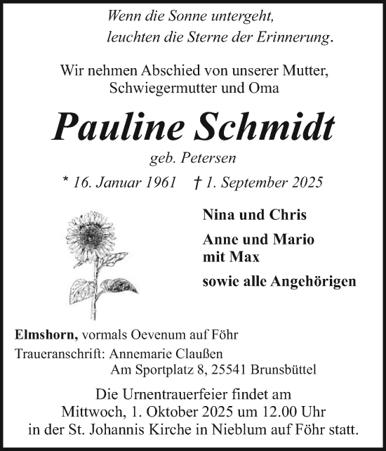 Traueranzeige von Pauline Schmidt von Region Westküste