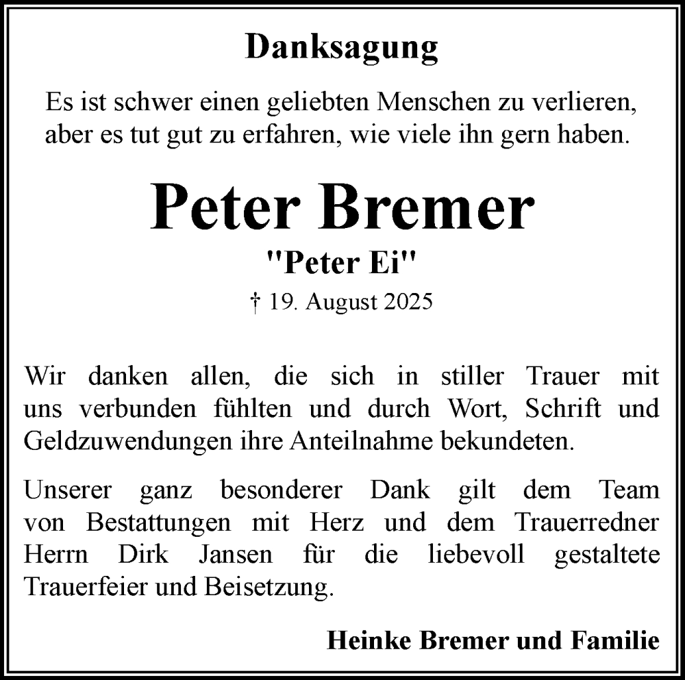  Traueranzeige für Peter Bremer vom 27.09.2025 aus Flensburger Tageblatt