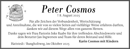 Traueranzeige von Peter Cosmos von Husumer Nachrichten, Nordfriesland Tageblatt