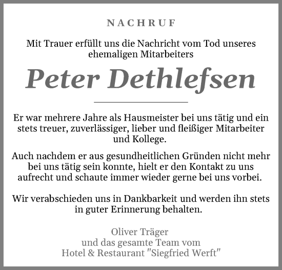 Traueranzeige von Peter Dethlefsen von Eckernförder Zeitung, Hallo Eckernförde