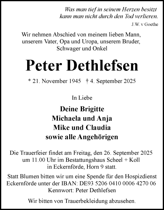 Traueranzeige von Peter Dethlefsen von Eckernförder Zeitung, Hallo Eckernförde
