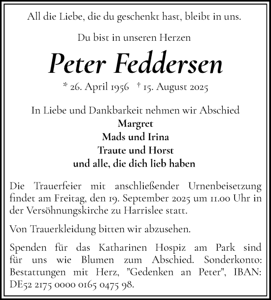 Traueranzeige von Peter Feddersen von Flensburger Tageblatt