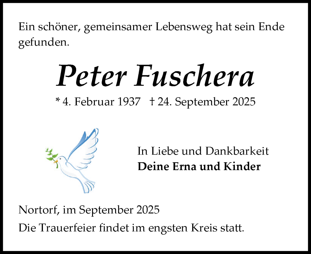  Traueranzeige für Peter Fuschera vom 27.09.2025 aus Schleswig-Holsteinische Landeszeitung