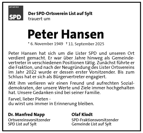 Traueranzeige von Peter Hansen von Sylter Rundschau
