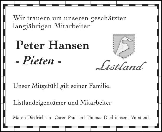 Traueranzeige von Peter Hansen von Sylter Rundschau