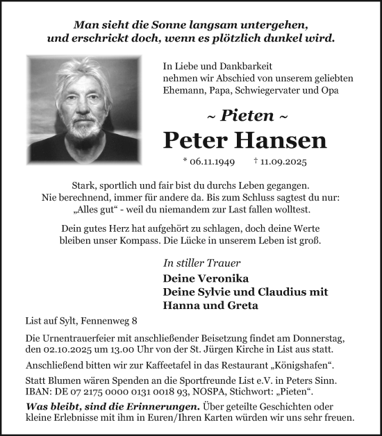 Traueranzeige von Peter Hansen von Sylter Rundschau
