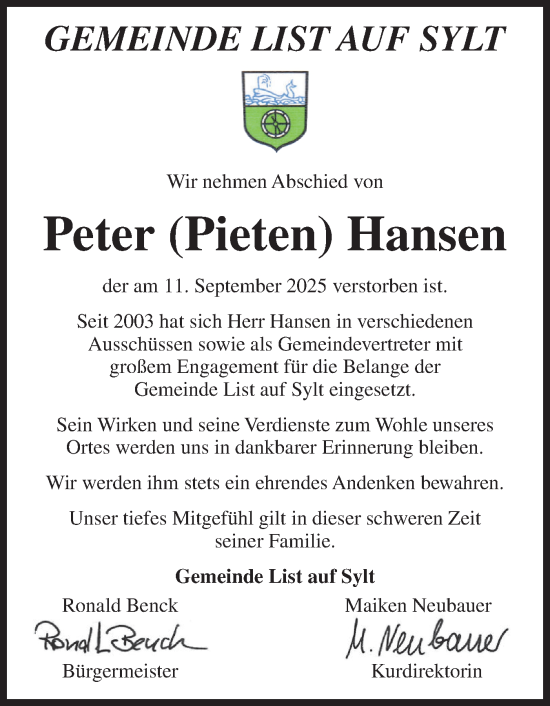 Traueranzeige von Peter Hansen von Sylter Rundschau