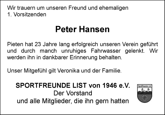Traueranzeige von Peter Hansen von Sylter Rundschau