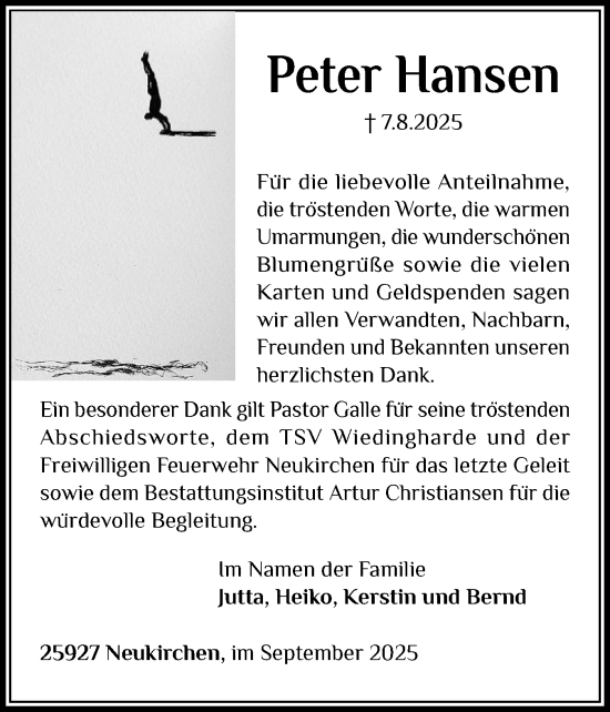 Traueranzeige von Peter Hansen von Husumer Nachrichten, Nordfriesland Tageblatt