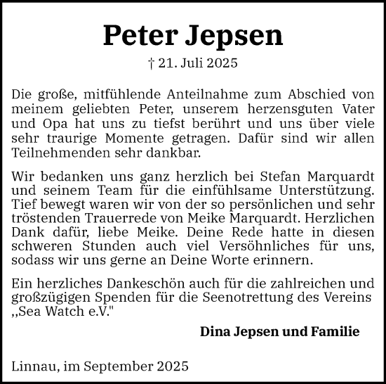 Traueranzeige von Peter Jepsen von Region Flensburg