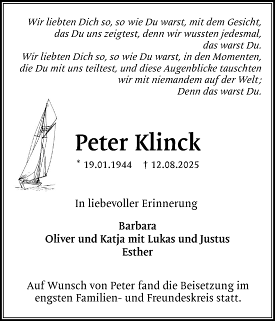 Traueranzeige von Peter Klinck von Region Pinneberg und tip Pinneberg