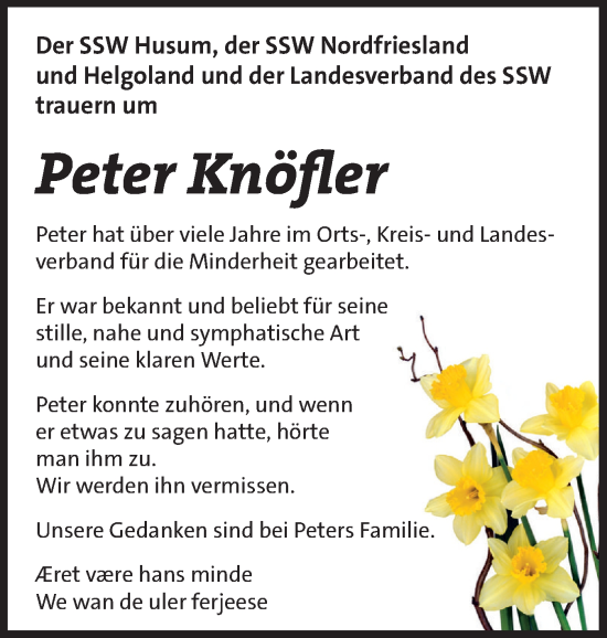Traueranzeige von Peter Knöfler von Husumer Nachrichten, Nordfriesland Tageblatt