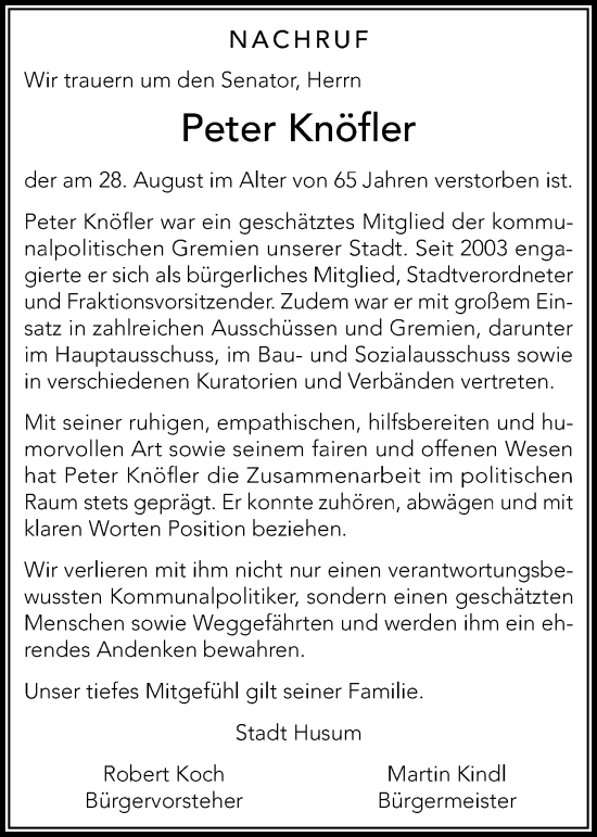 Traueranzeige von Peter Knöfler von Die WochenSchau Nordfriesland