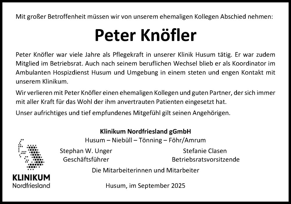 Traueranzeige für Peter Knöfler vom 06.09.2025 aus Husumer Nachrichten, Nordfriesland Tageblatt
