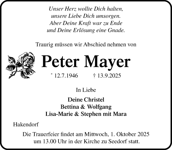 Traueranzeige von Peter Mayer von MARKT Ratzeburg/Mölln
