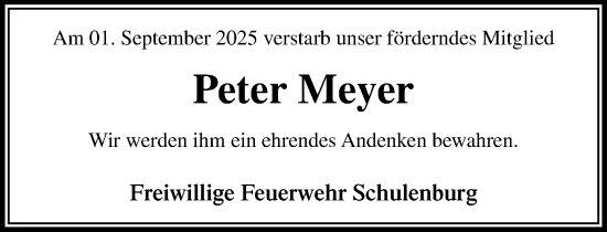 Traueranzeige von Peter Meyer von MARKT Bad Oldesloe/Reinfeld und Stormarner Tageblatt
