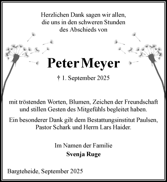 Traueranzeige von Peter Meyer von MARKT Bad Oldesloe/Reinfeld, MARKT Ahrensburg/Bargteheide/Trittau und Stormarner Tageblatt