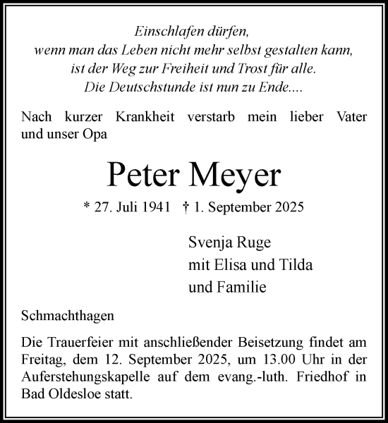 Traueranzeige von Peter Meyer von MARKT Bad Oldesloe/Reinfeld, MARKT Ahrensburg/Bargteheide/Trittau und Stormarner Tageblatt