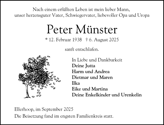 Traueranzeige von Peter Münster von Elmshorner Nachrichten, Barmstedter Zeitung