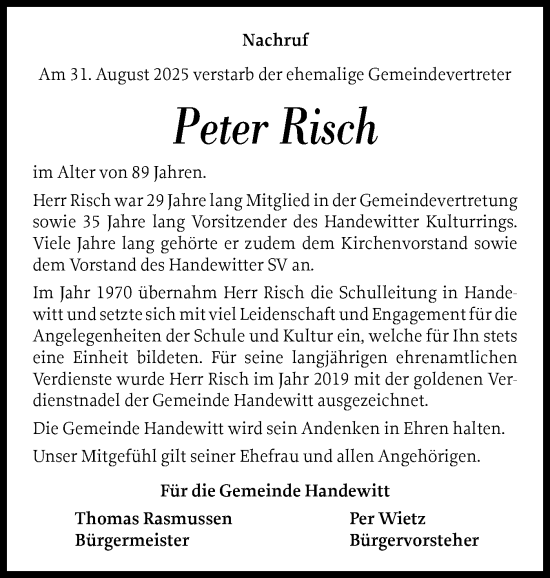 Traueranzeige von Peter Risch von Flensburger Tageblatt