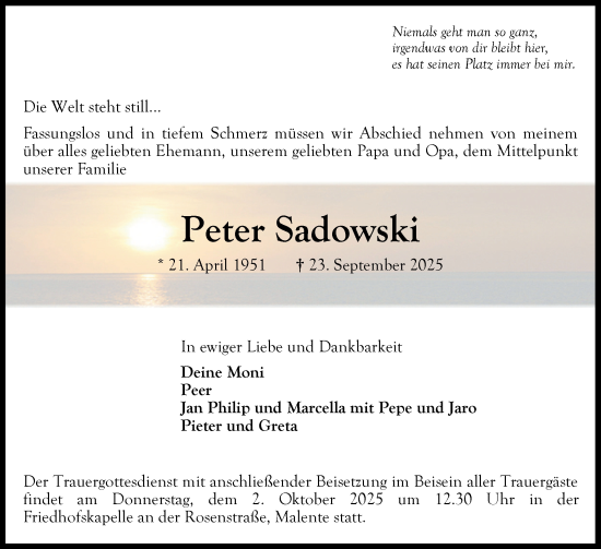 Traueranzeige von Peter Sadowski von Ostholsteiner Anzeiger