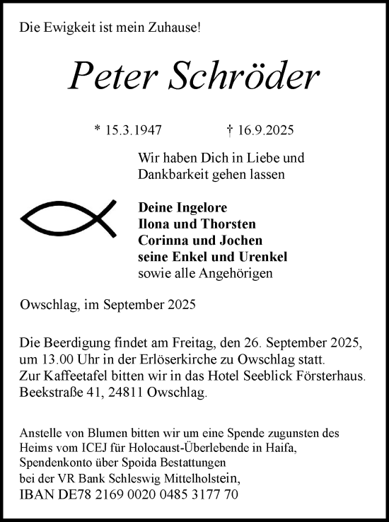 Traueranzeige von Peter Schröder von Schleswig-Holsteinische Landeszeitung