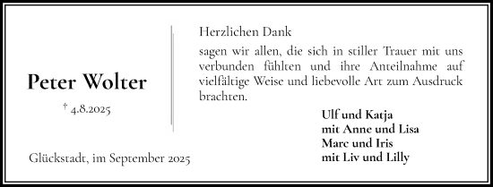 Traueranzeige von Peter Wolter von Norddeutsche Rundschau, Wilstersche Zeitung, Glückstädter Fortuna