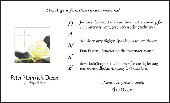 Traueranzeige von Peter Heinrich Dieck von Uetersener Nachrichten, Der tip am Wochenende