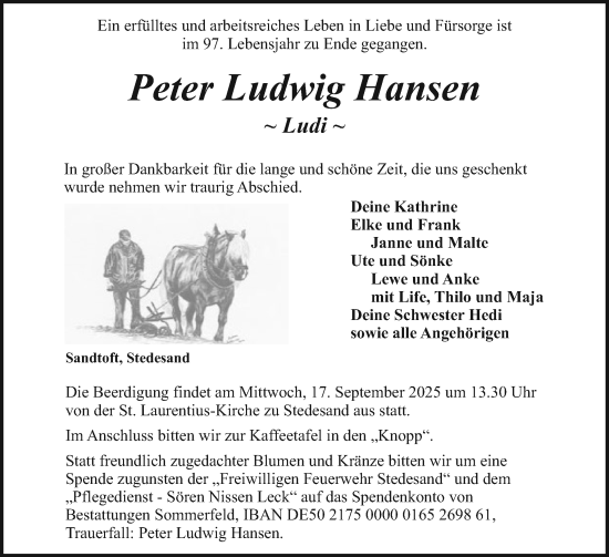 Traueranzeige von Peter Ludwig Hansen von Region Flensburg