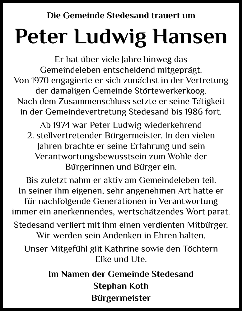  Traueranzeige für Peter Ludwig Hansen vom 16.09.2025 aus Husumer Nachrichten, Nordfriesland Tageblatt