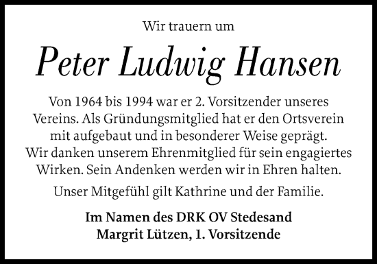 Traueranzeige von Peter Ludwig Hansen von Husumer Nachrichten, Nordfriesland Tageblatt