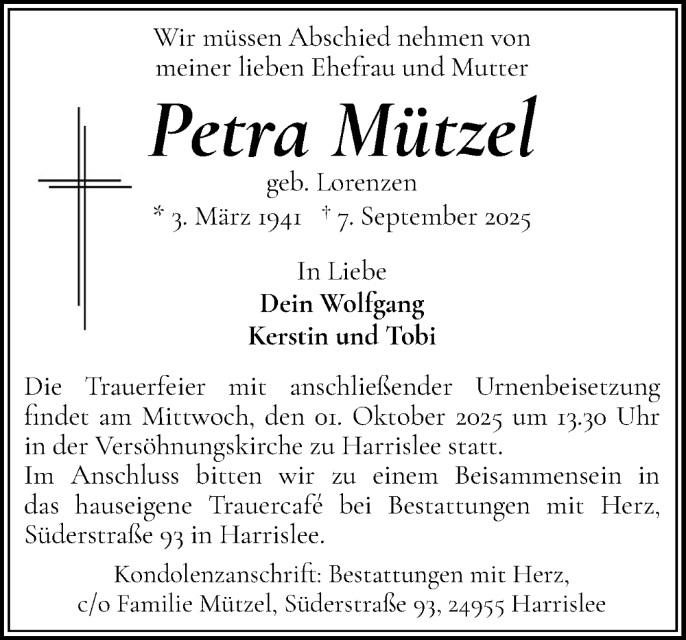  Traueranzeige für Petra Mützel vom 20.09.2025 aus Flensburger Tageblatt
