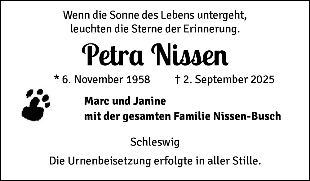  Traueranzeige für Petra Nissen vom 20.09.2025 aus Schleswiger Nachrichten, Schlei-Bote