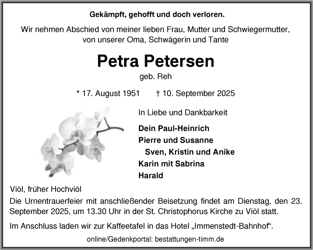  Traueranzeige für Petra Petersen vom 17.09.2025 aus Husumer Nachrichten, Nordfriesland Tageblatt