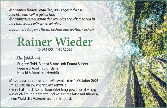 Traueranzeige von Rainer Wieder von Wochenend Anzeiger