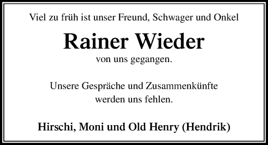 Traueranzeige von Rainer Wieder von Wochenend Anzeiger