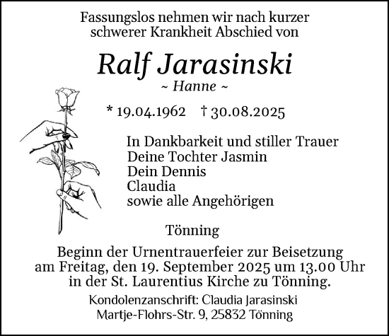 Traueranzeige von Ralf Jarasinski von Region Westküste