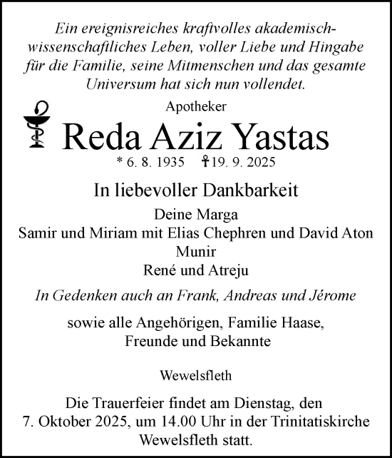 Traueranzeige von Reda Aziz Yastas von Norddeutsche Rundschau, Wilstersche Zeitung, Glückstädter Fortuna