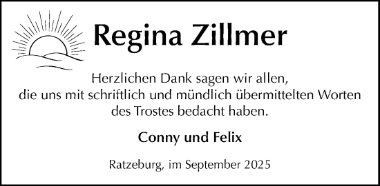 Traueranzeige von Regina Zillmer von MARKT Ratzeburg/Mölln