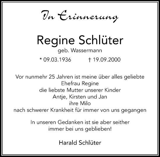 Traueranzeige von Regine Schlüter von Heimatspiegel
