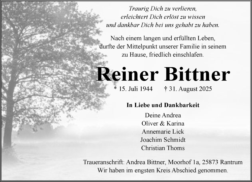  Traueranzeige für Reiner Bittner vom 13.09.2025 aus Husumer Nachrichten, Nordfriesland Tageblatt