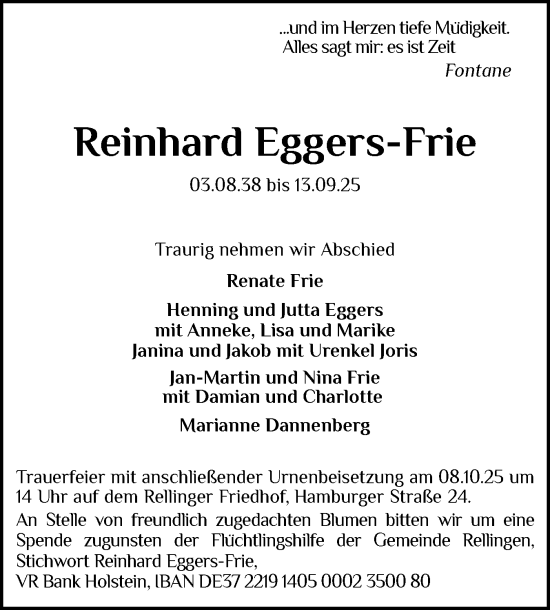 Traueranzeige von Reinhard Eggers-Frie von Region Pinneberg und tip Pinneberg
