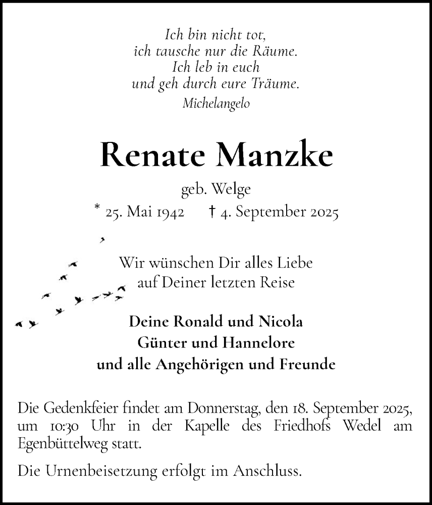  Traueranzeige für Renate Manzke vom 13.09.2025 aus Wedel-Schulauer Tageblatt, tip Wedel-Schulauer Tageblatt, tip Rissener Rundschau