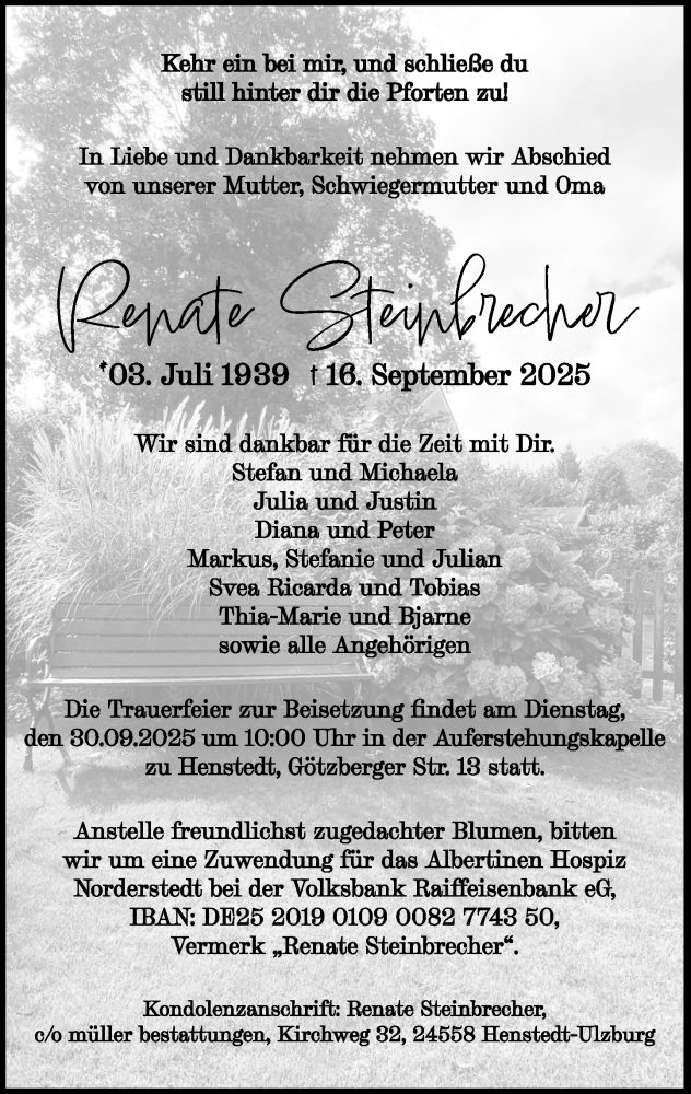  Traueranzeige für Renate Steinbrecher vom 27.09.2025 aus Umschau
